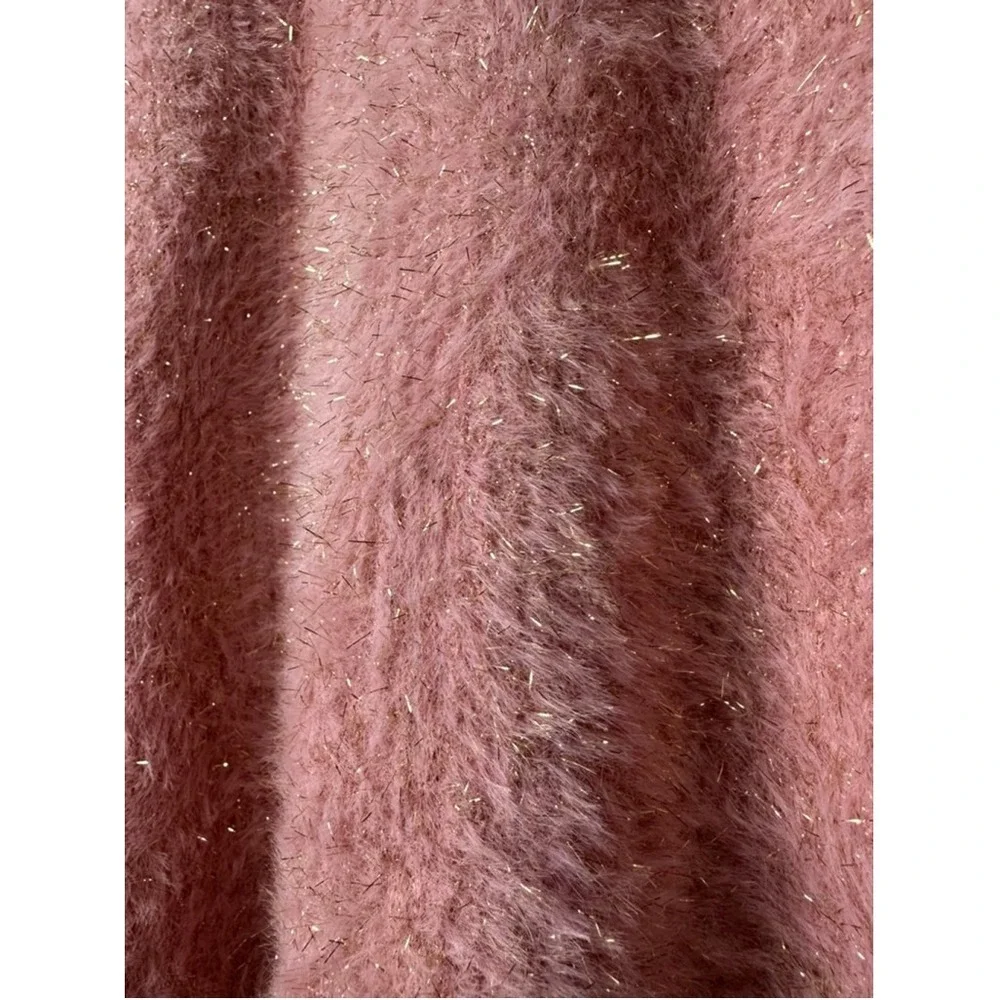LOFT Women's Pink Fuzzy Knit Crewneck Sweater‎ Sparkle Metallic Gold L